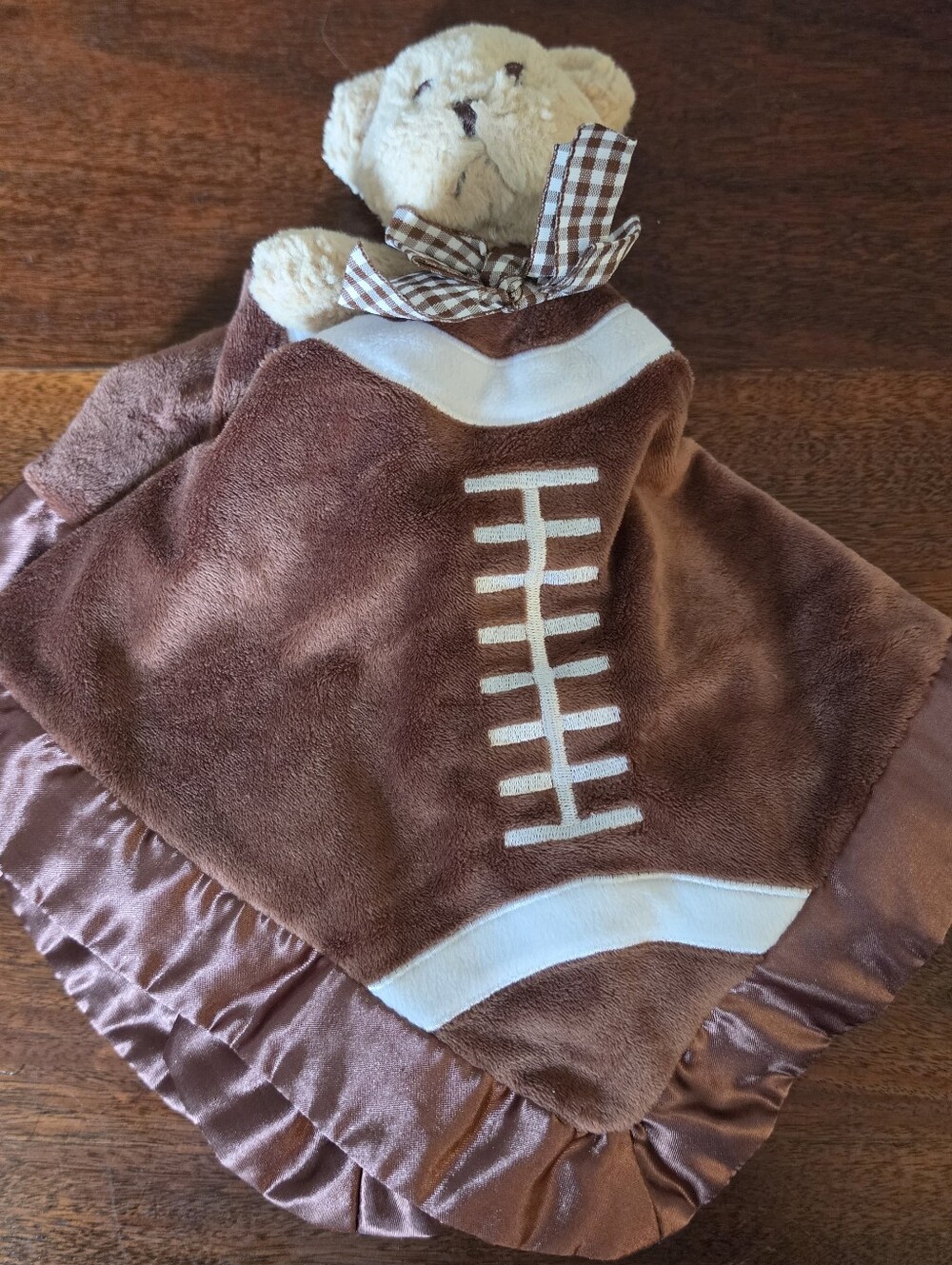 Bearington Baby Brown Bear Football Lovey Security Blanket Satin Trim